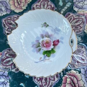 Vintage Leaf Shaped Hand Painted Trinket Dish Gold w Pink Roses | Occupied Japan